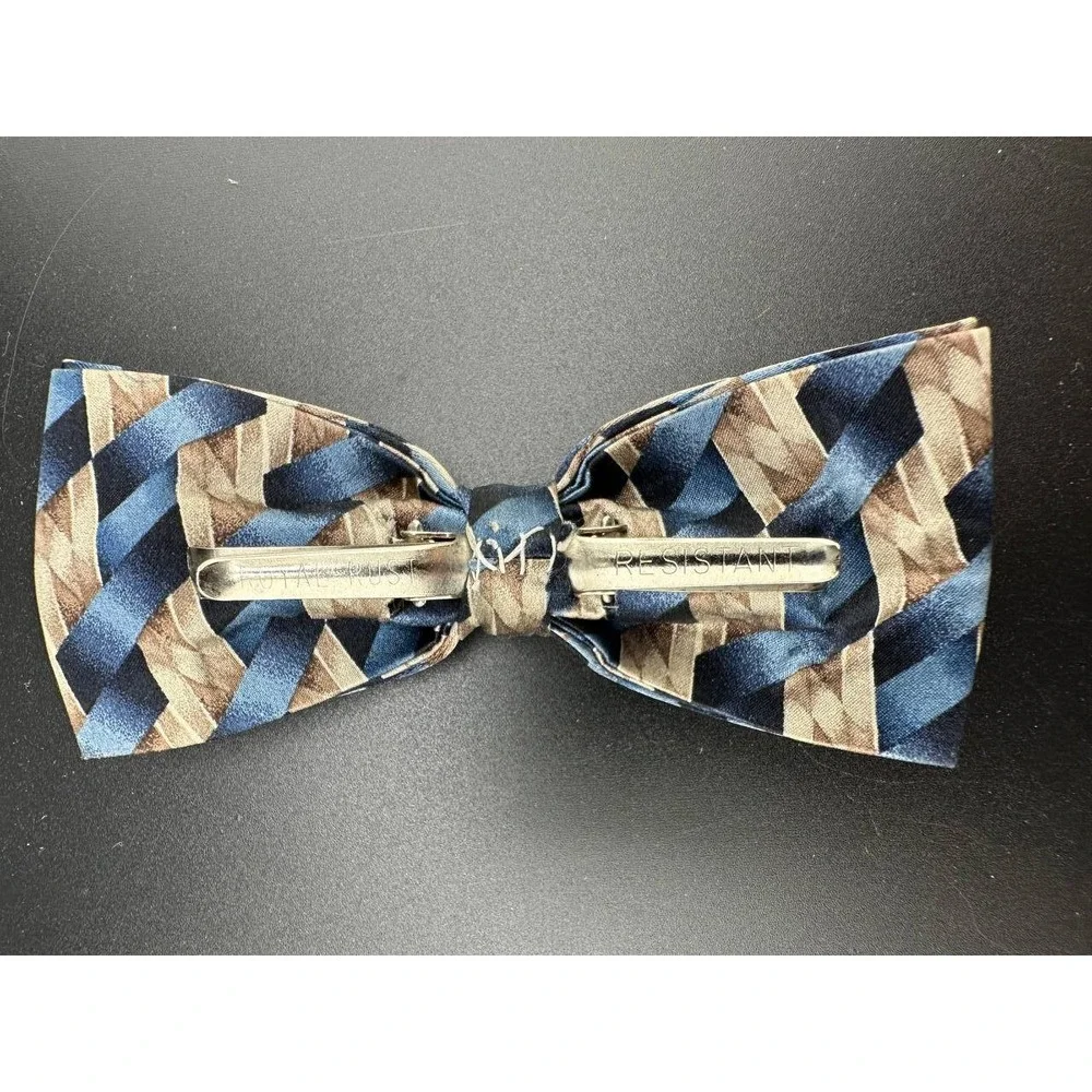 Royal Rust Vintage Clip On Bow Tie Blue Tan‎ Geometric Basketweave 054 (71)